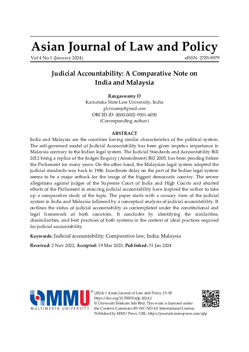 Cover for Rangaswamy D: Judicial Accountability: A Comparative Note on India and Malaysia