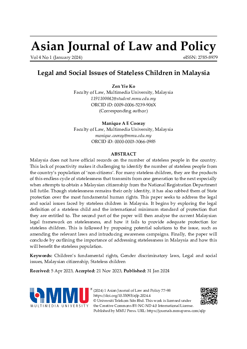 Cover for Ko Cooray: Legal and Social Issues of Stateless Children in Malaysia