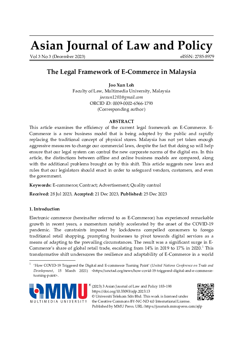 First page of Loh: The Legal Framework of E-Commerce in Malaysia
