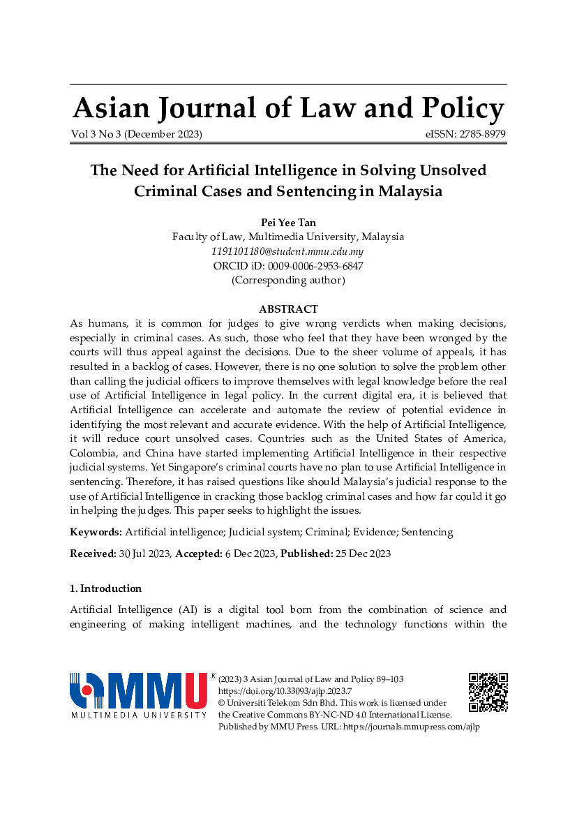 First page of Tan: The Need for Artificial Intelligence in Solving Unsolved Criminal Cases and Sentencing in Malaysia