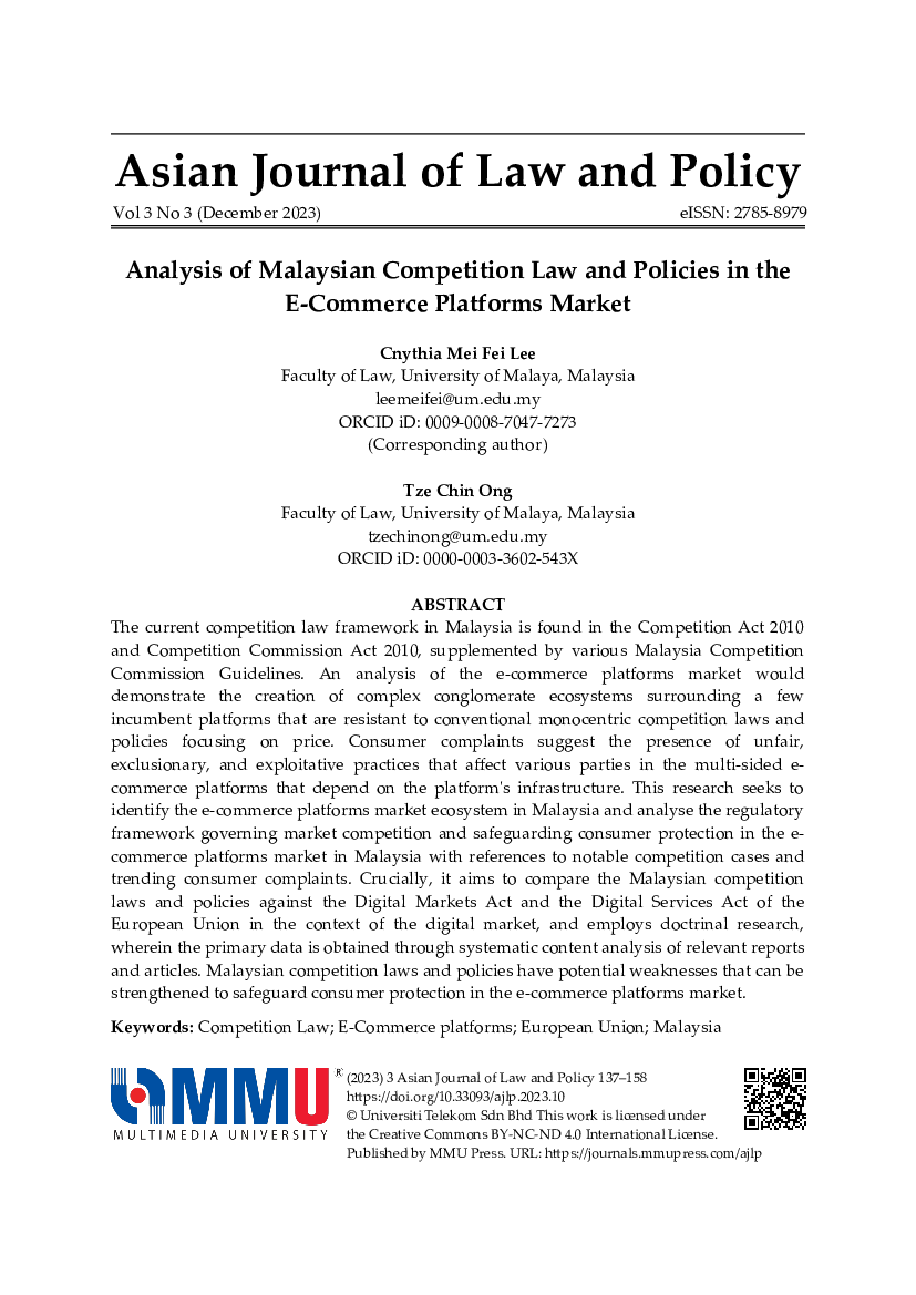 First page of Lee and Ong: Analysis of Malaysian Competition Law and Policies in the E-Commerce Platforms Market