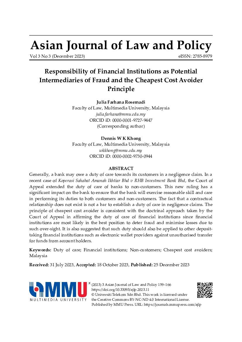 First page of Rosemadi and Khong: Responsibility of Financial Institutions as Potential Intermediaries of Fraud and the Cheapest Cost Avoider Principle