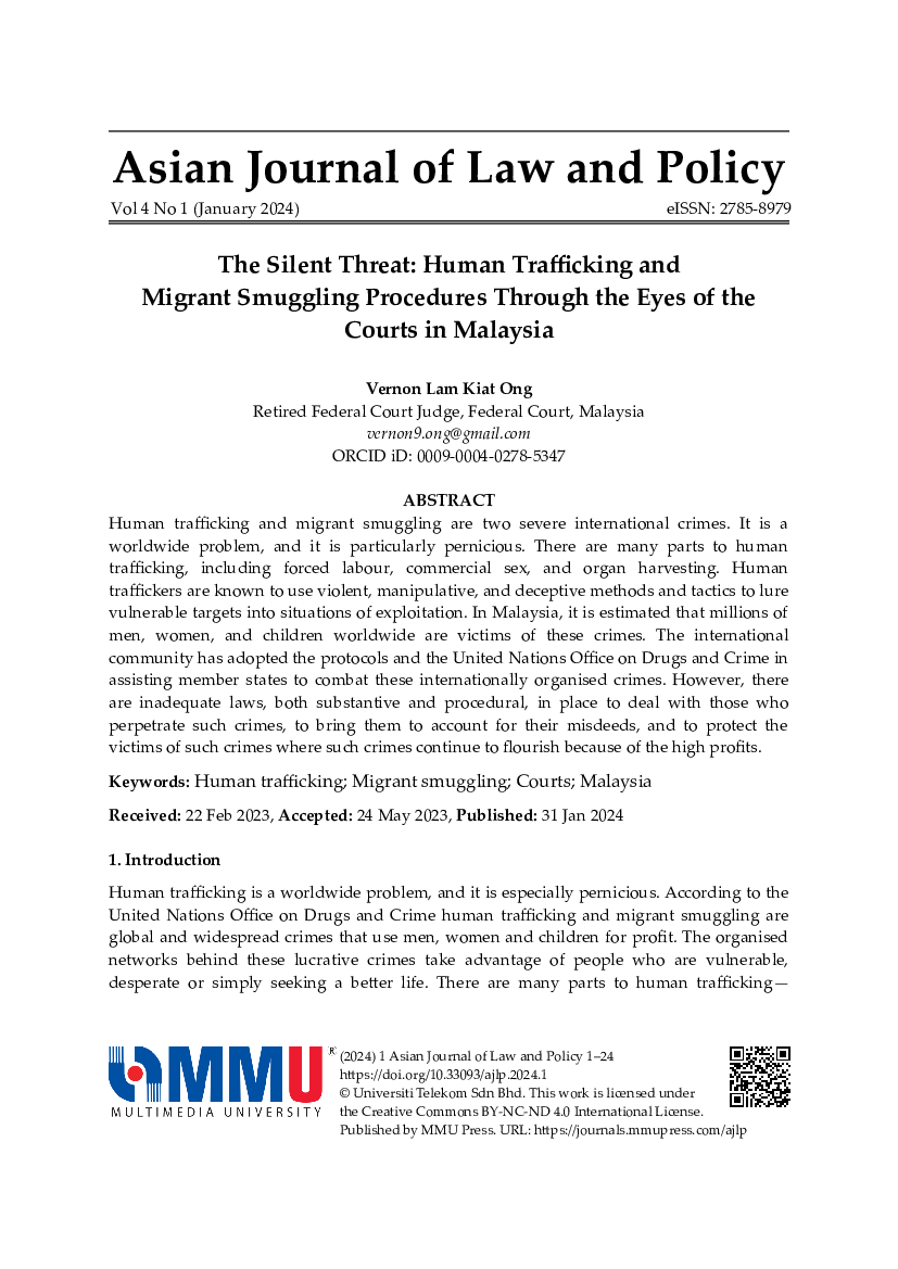 Cover for Ong: The Silent Threat: Human Trafficking and Migrant Smuggling Procedures Through the Eyes of the Courts in Malaysia
